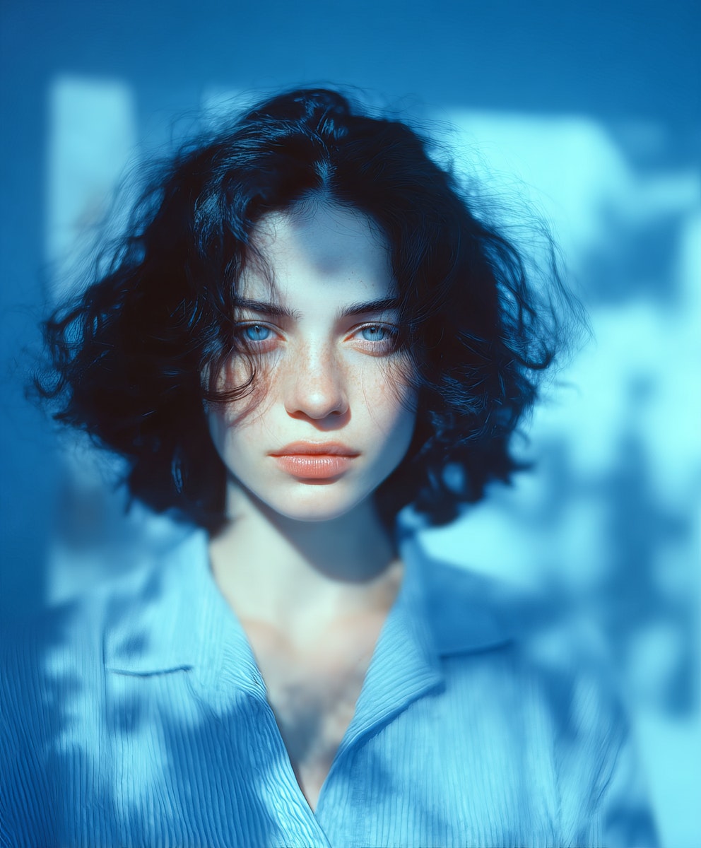 Portrait of a person with curly hair under soft blue lighting.