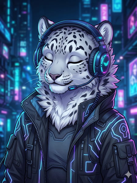 Snow leopard Furry femboy pfp enjoying music with headphones.