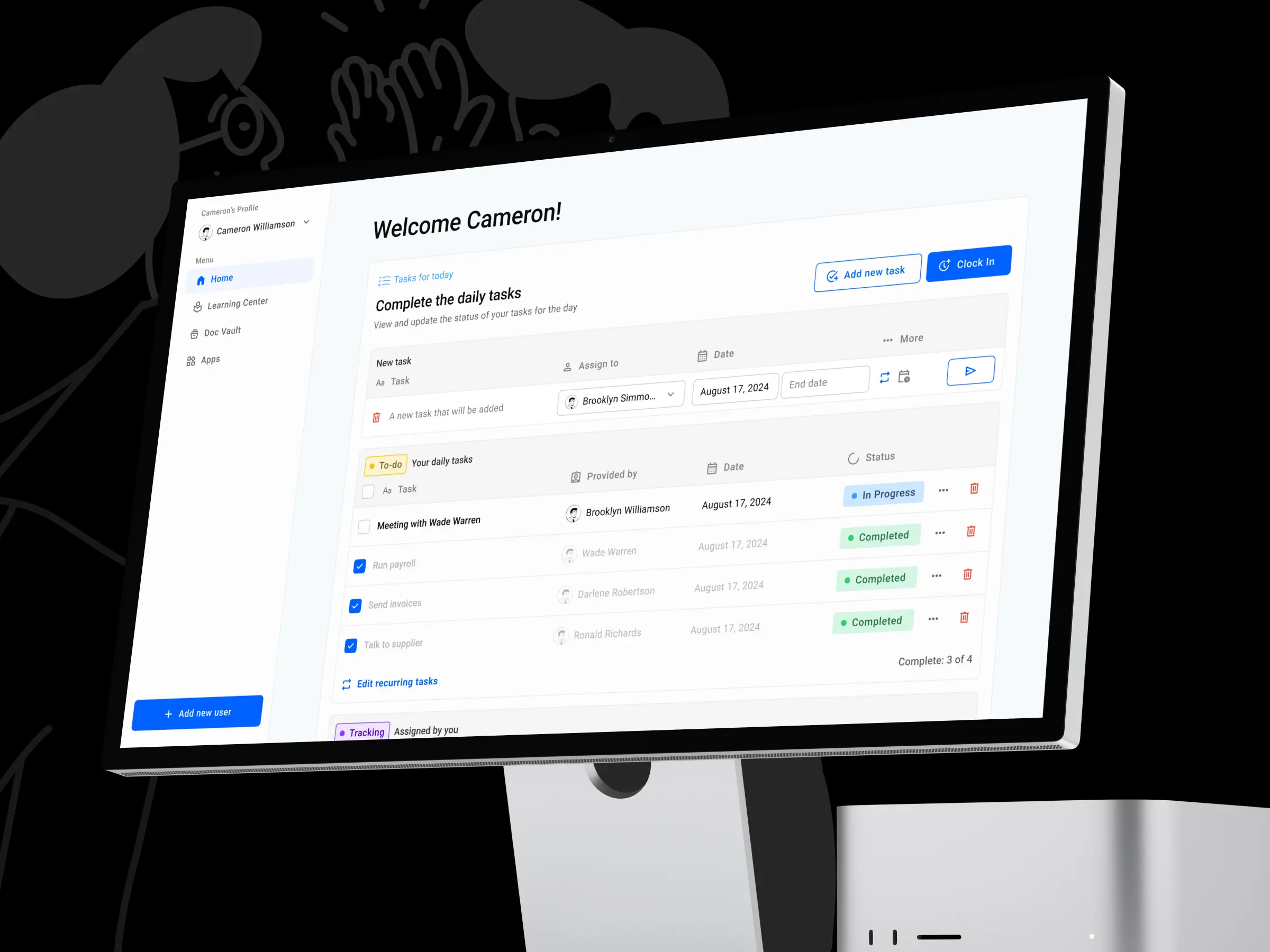 На экране компьютера отображается интерфейс управления задачами с приветствием «Кэмерон». В нем перечислены задачи со статусами «В процессе» и «Завершено». Общая атмосфера выглядит организованной и профессиональной.