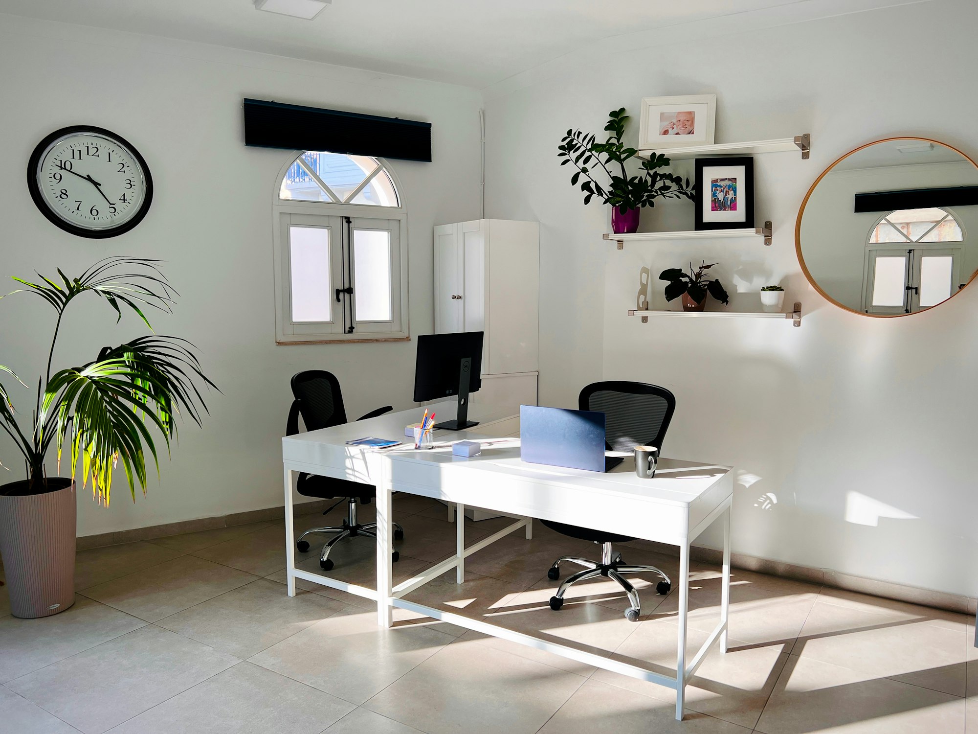 Modern office with two desks and plants