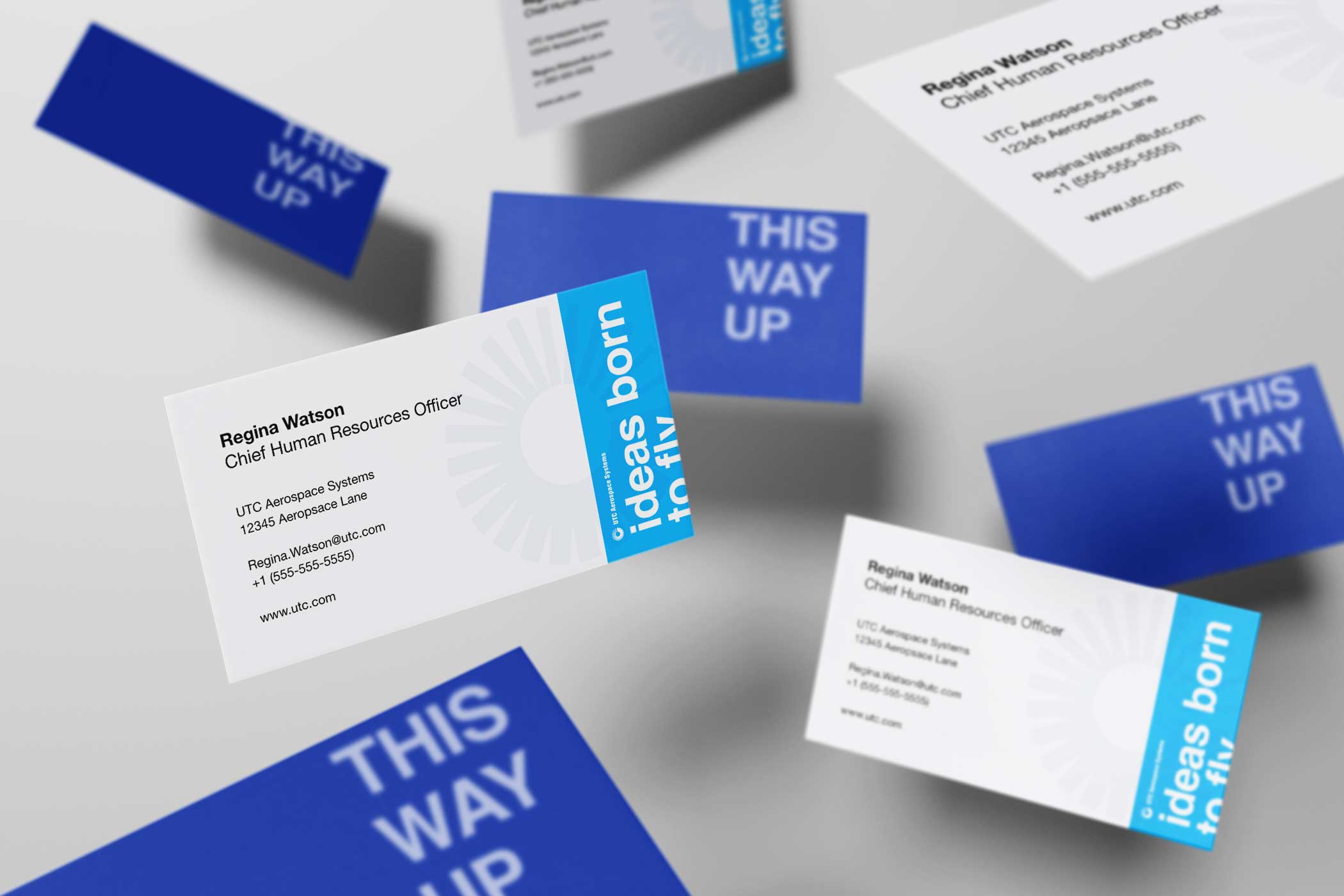 Design example of UTC Aerospace's business cards for recruiters at live events