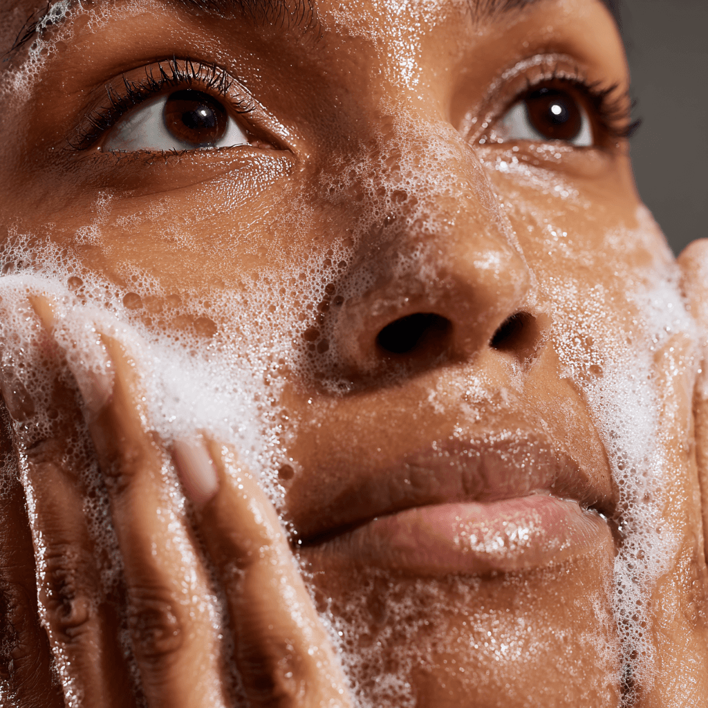 Women washing face with soap portrait