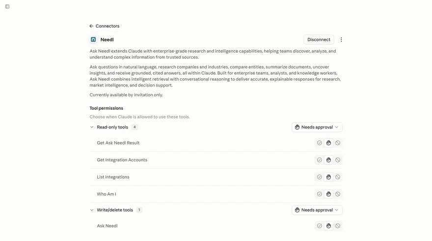 The Needl connector page in Claude with its read-only tools and its one write tool, each set to needs approval