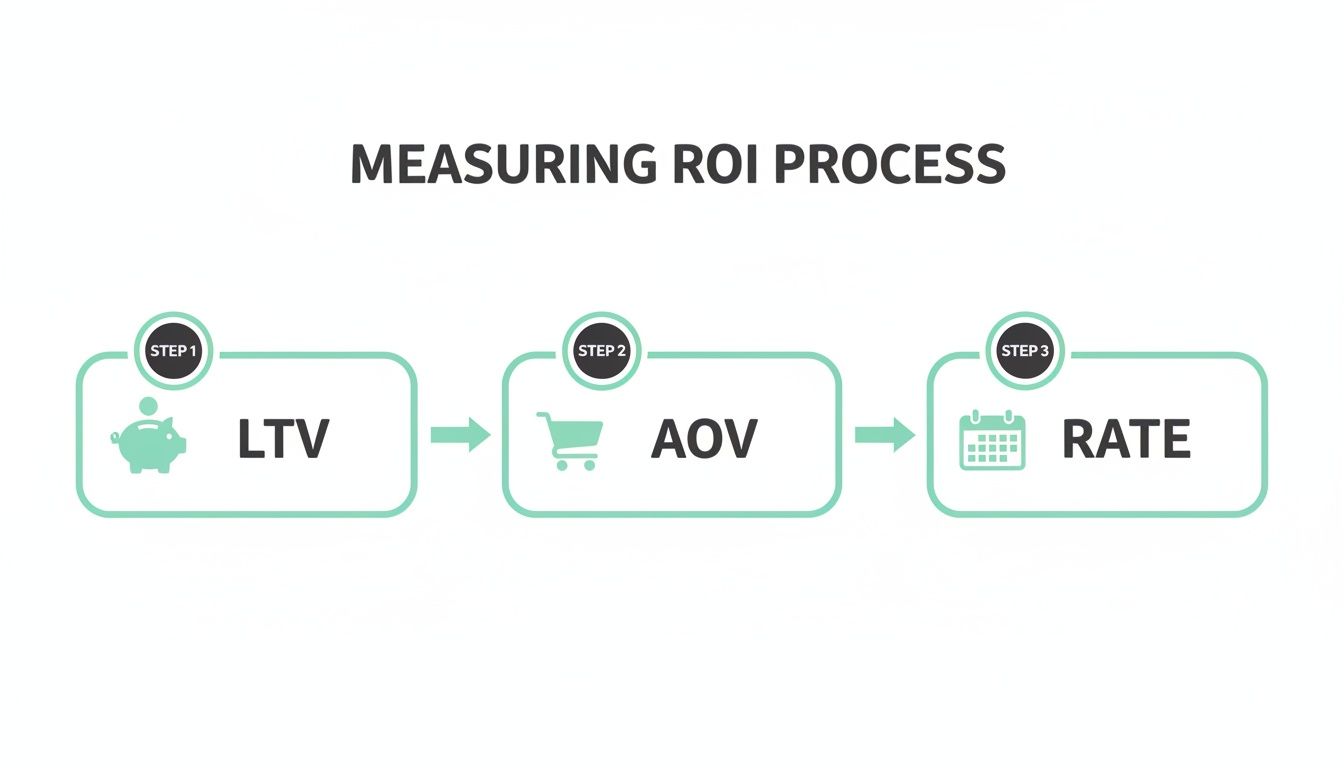 A three-step diagram illustrating the process for measuring ROI, featuring LTV, AOV, and Rate.