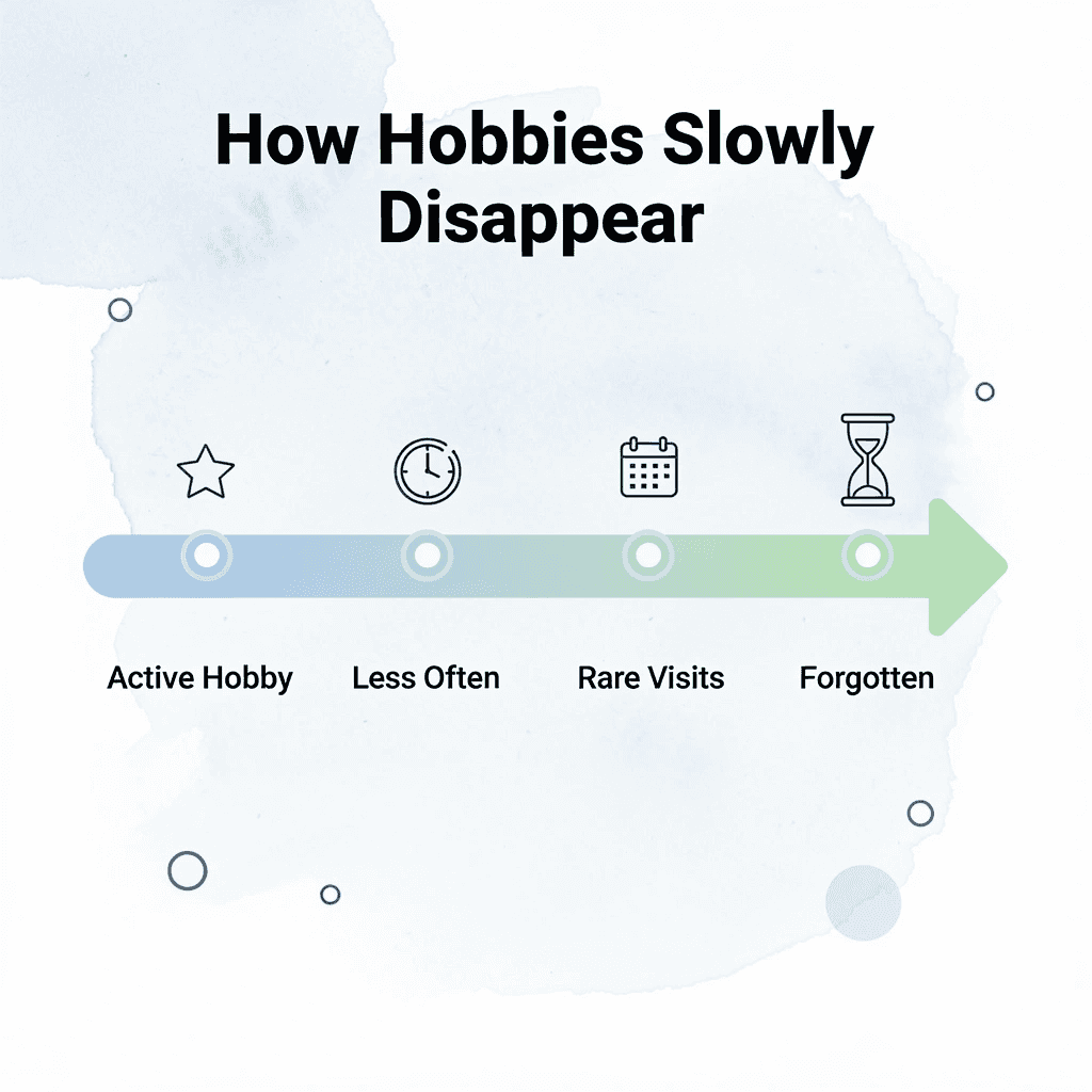 Arrow progression showing the four stages of how a hobby gradually fades from active to forgotten
