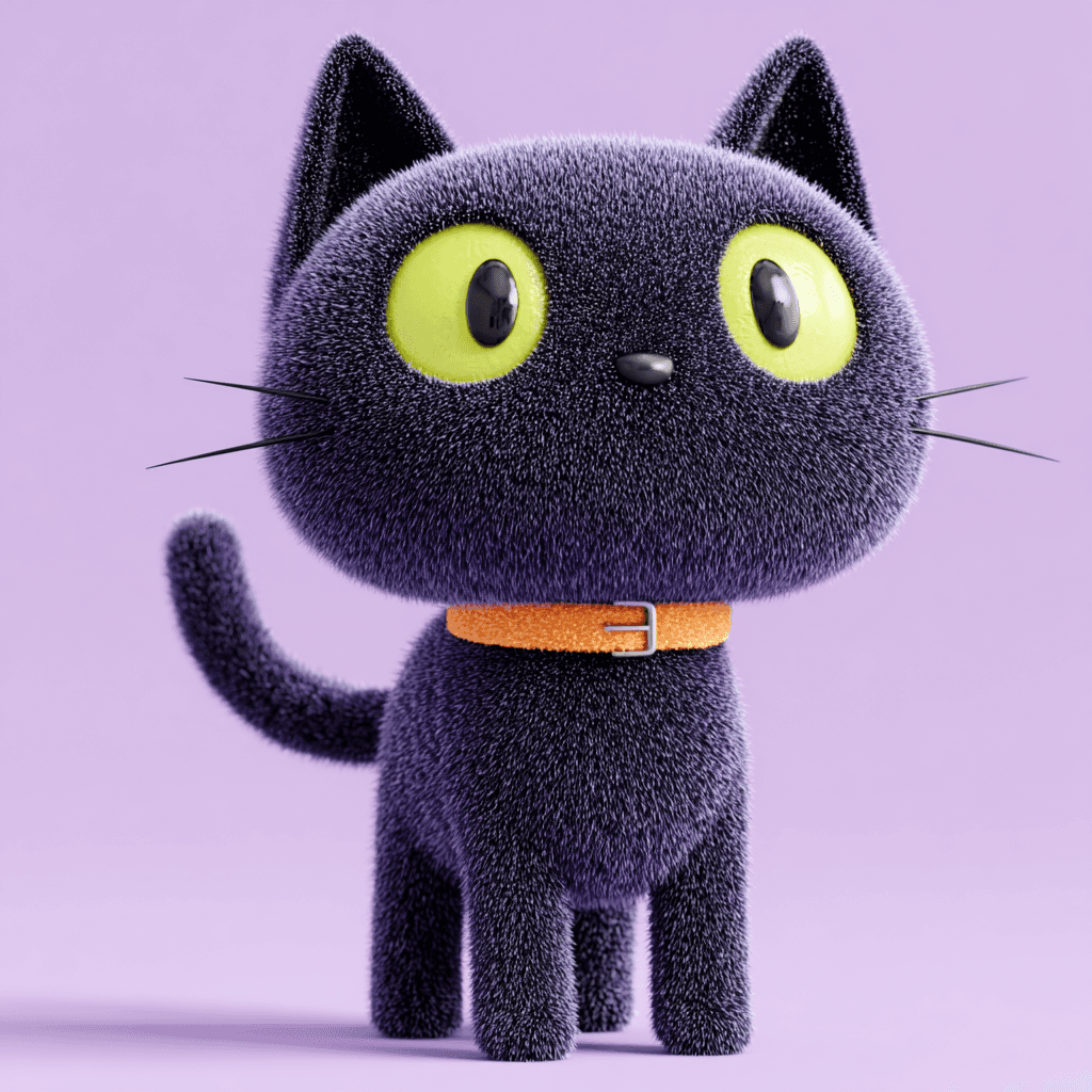 A cute 3D fuzzy black cat with large yellow eyes, soft fur texture, and an orange collar, standing on a pastel purple background.