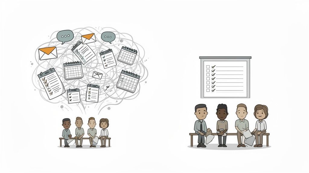 Illustration comparing two teams: one overwhelmed by tasks, the other focused with a clear, checked-off checklist.