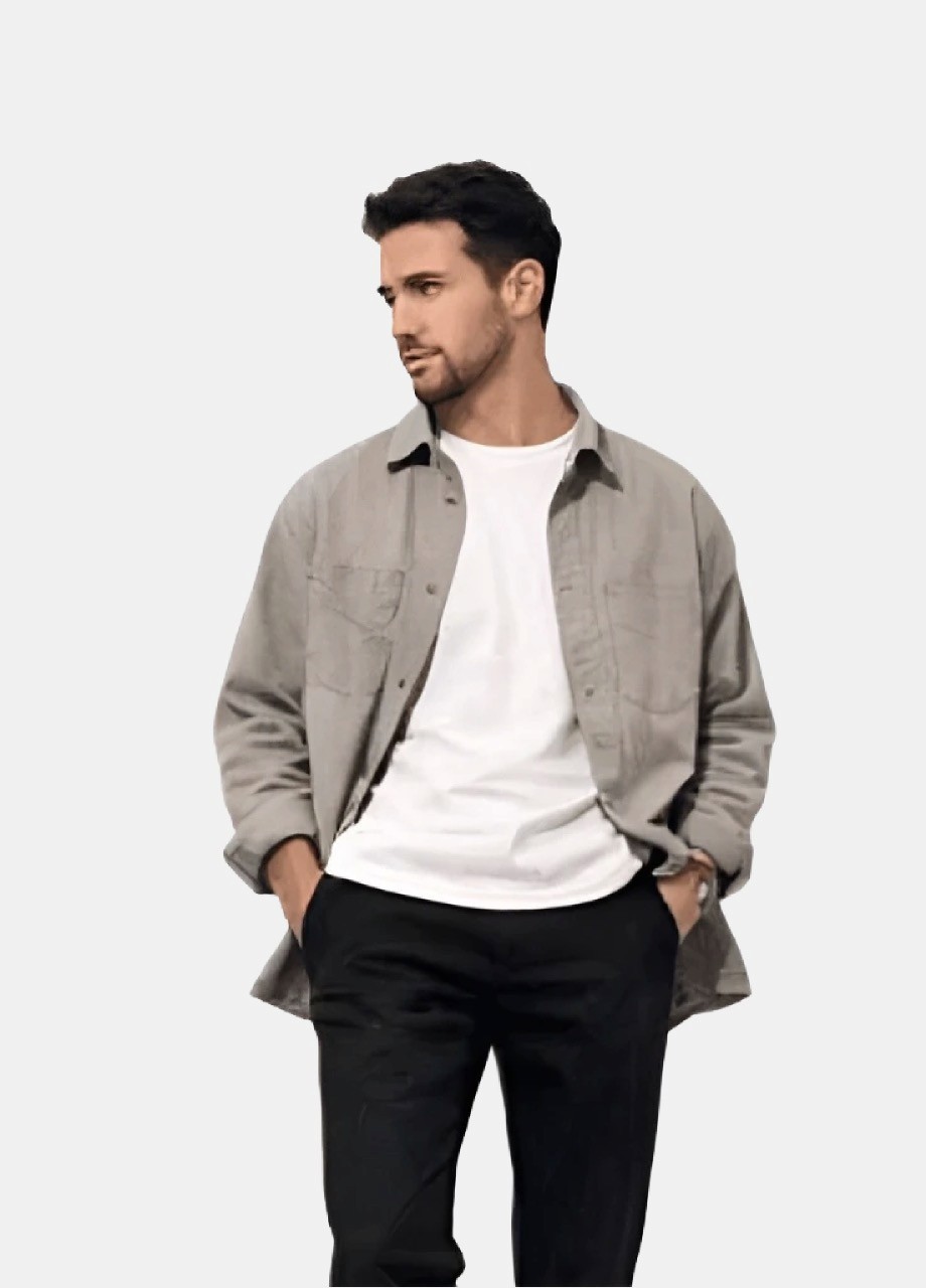 A male person standing on white background