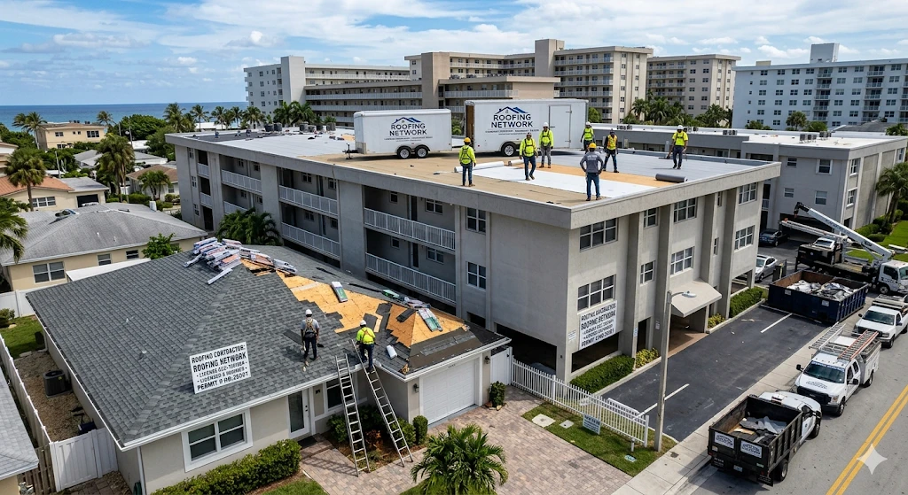 Roofing contractor Hallandale Beach FL — flat and shingle roof replacement on residential and condo buildings by Roofing Network licensed contractor