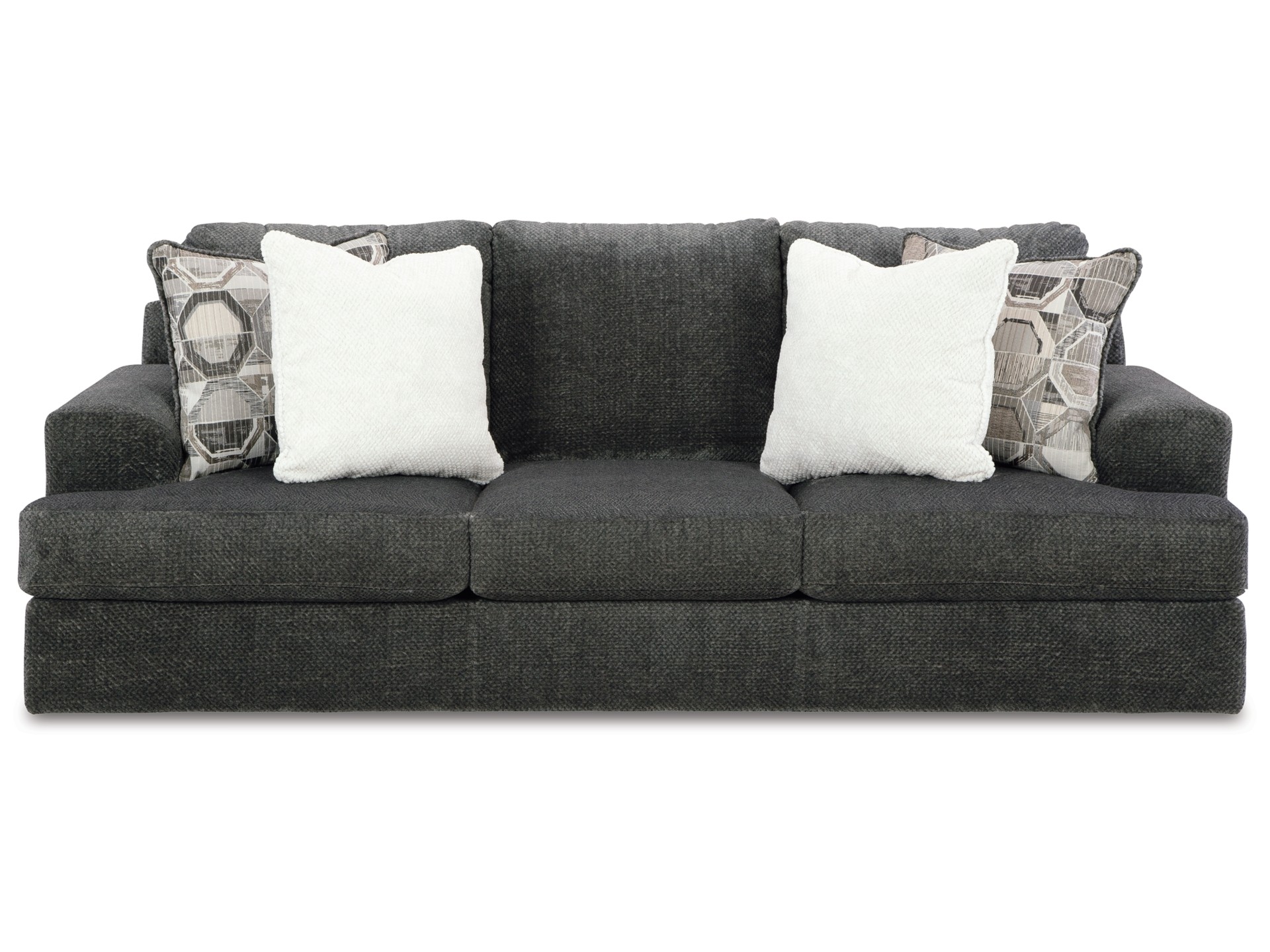 "Front view of Karinne Sofa showcasing its modern appeal and plush cushions"