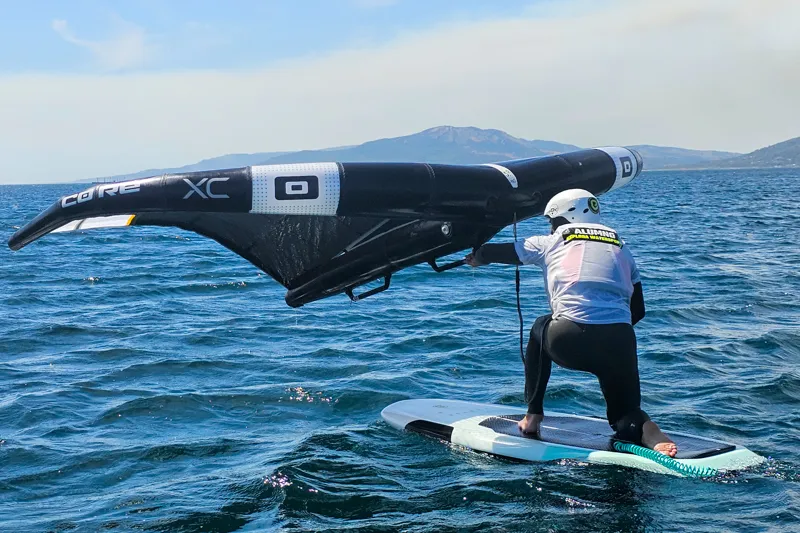 Wingfoil lesson on the water with Explora Watersports Tarifa instructor and CORE gear