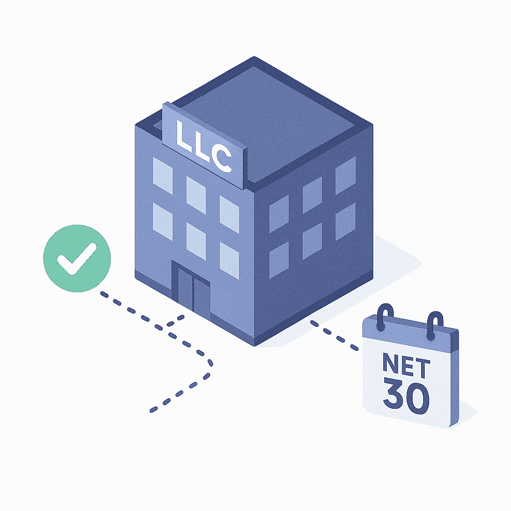 Isometric blue office building labeled “LLC,” connected by dotted lines to a green checkmark and a calendar icon labeled “Net 30,” in a corporate blue-green color scheme.