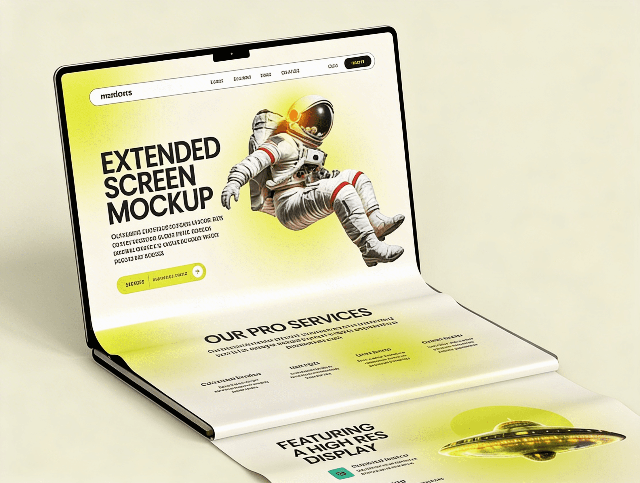 Laptop mockup showing a long-scroll website with an astronaut theme.