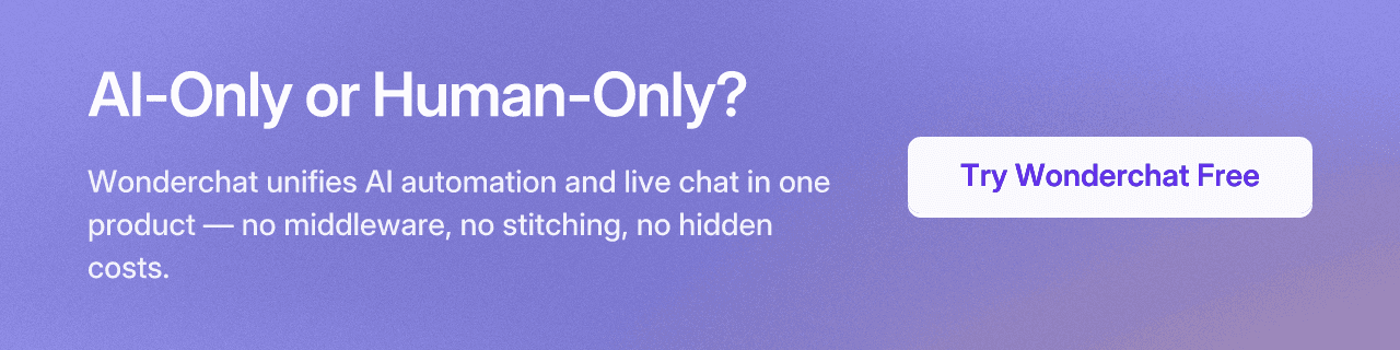 AI-Only or Human-Only? Wonderchat unifies AI automation and live chat in one product — no middleware, no stitching, no hidden costs.