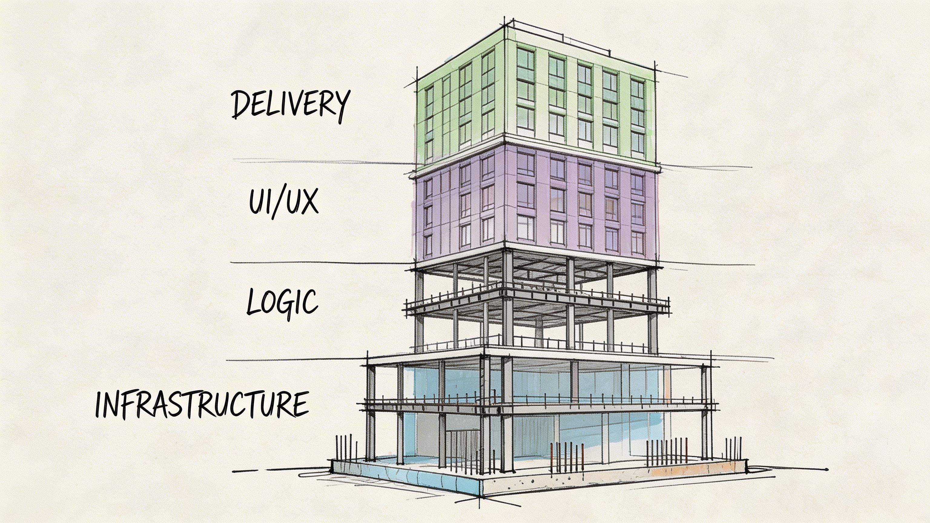 A conceptual architectural drawing showing layers of software development labeled infrastructure, logic, UI/UX, and delivery.