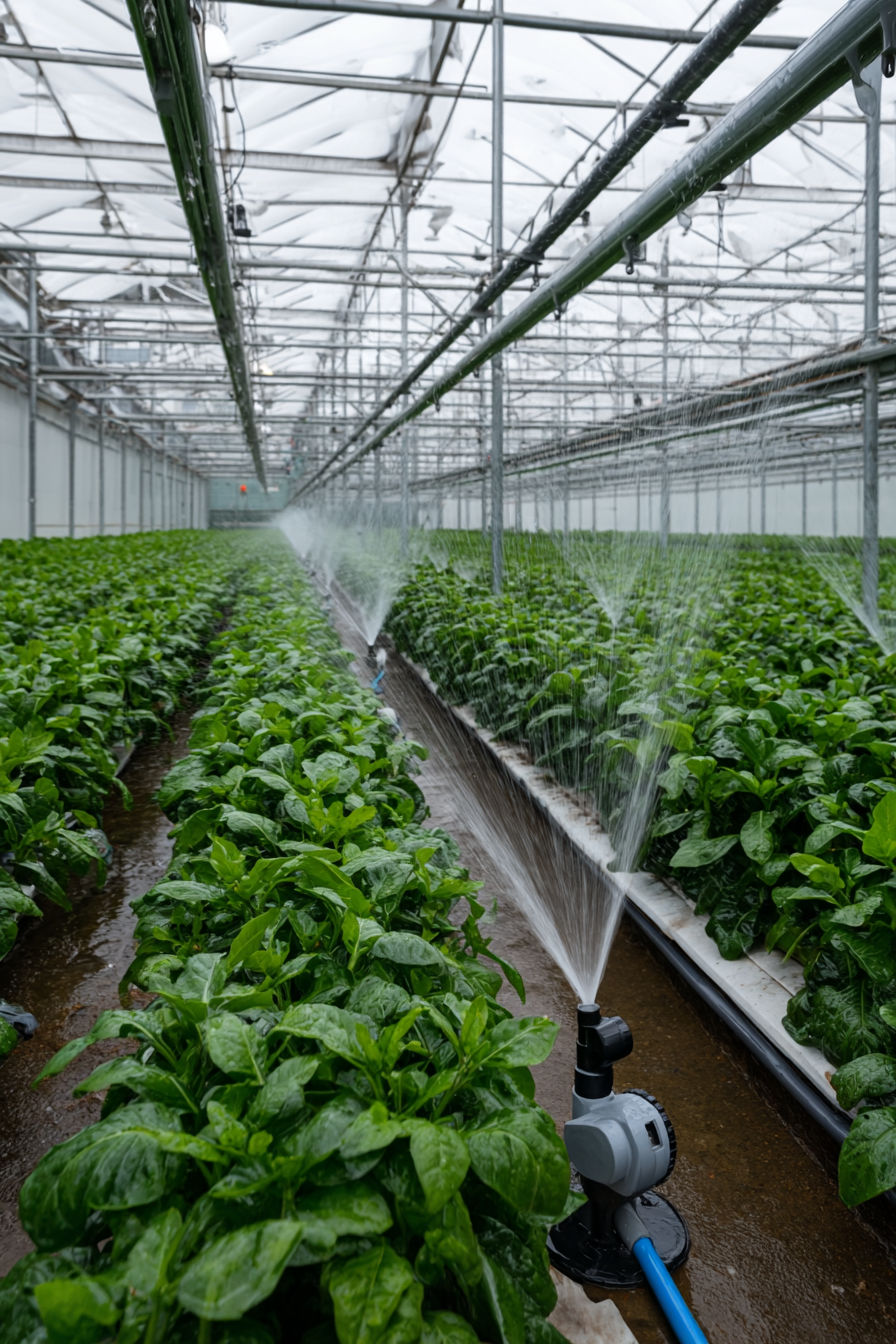 o sistema de irrigação regando plantas dentro de uma estufa industrial