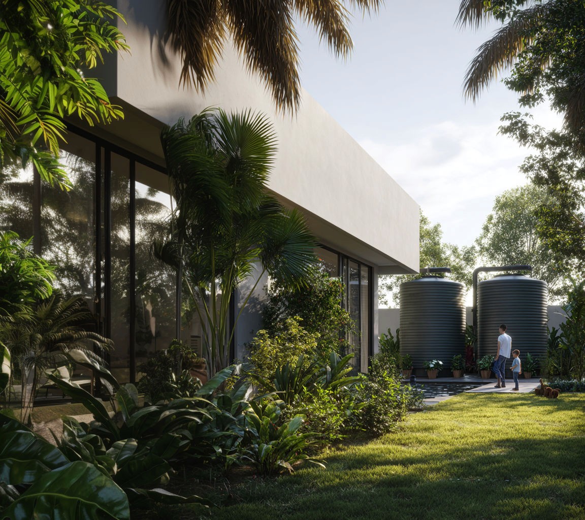 casa moderna com jardim tropical e dois grandes reservatórios de água da chuva ao fundo