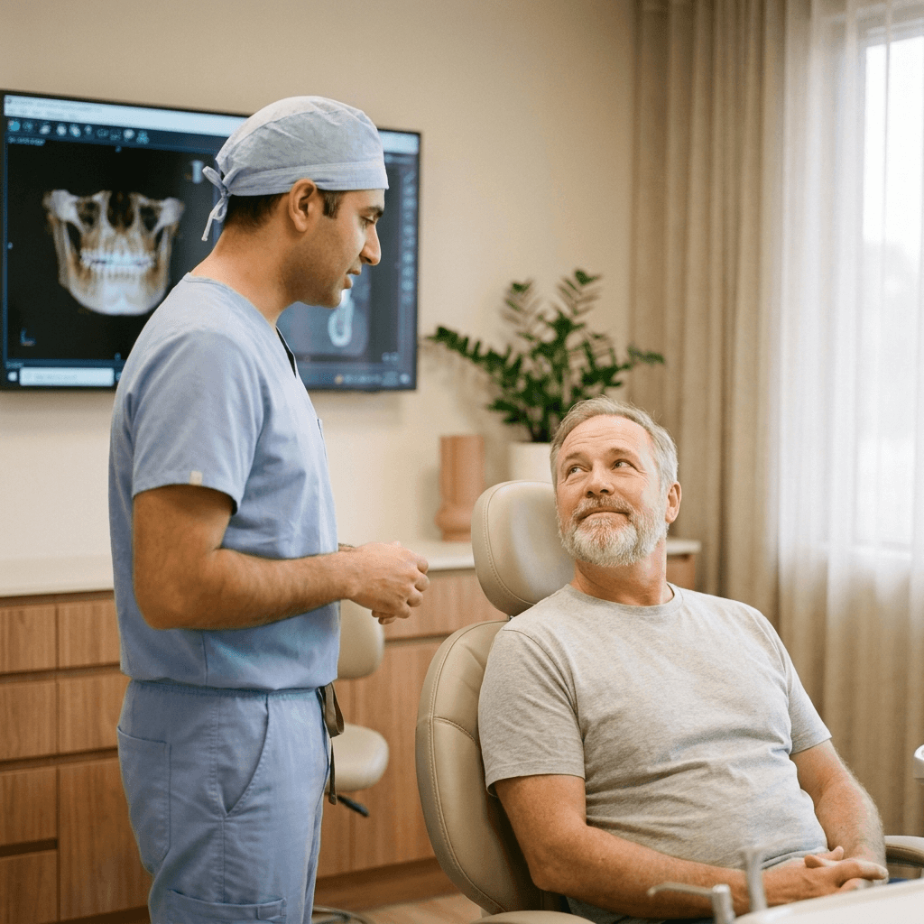 Satisfied patient displaying beautiful smile after successful dental implant treatment achieved through affordable financing options at Veda Family Dentistry in West New York.