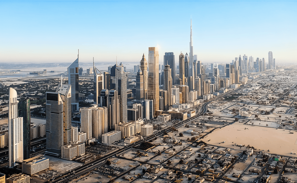 City Tower 1 in Dubai’s dynamic cityscape, seen from above.