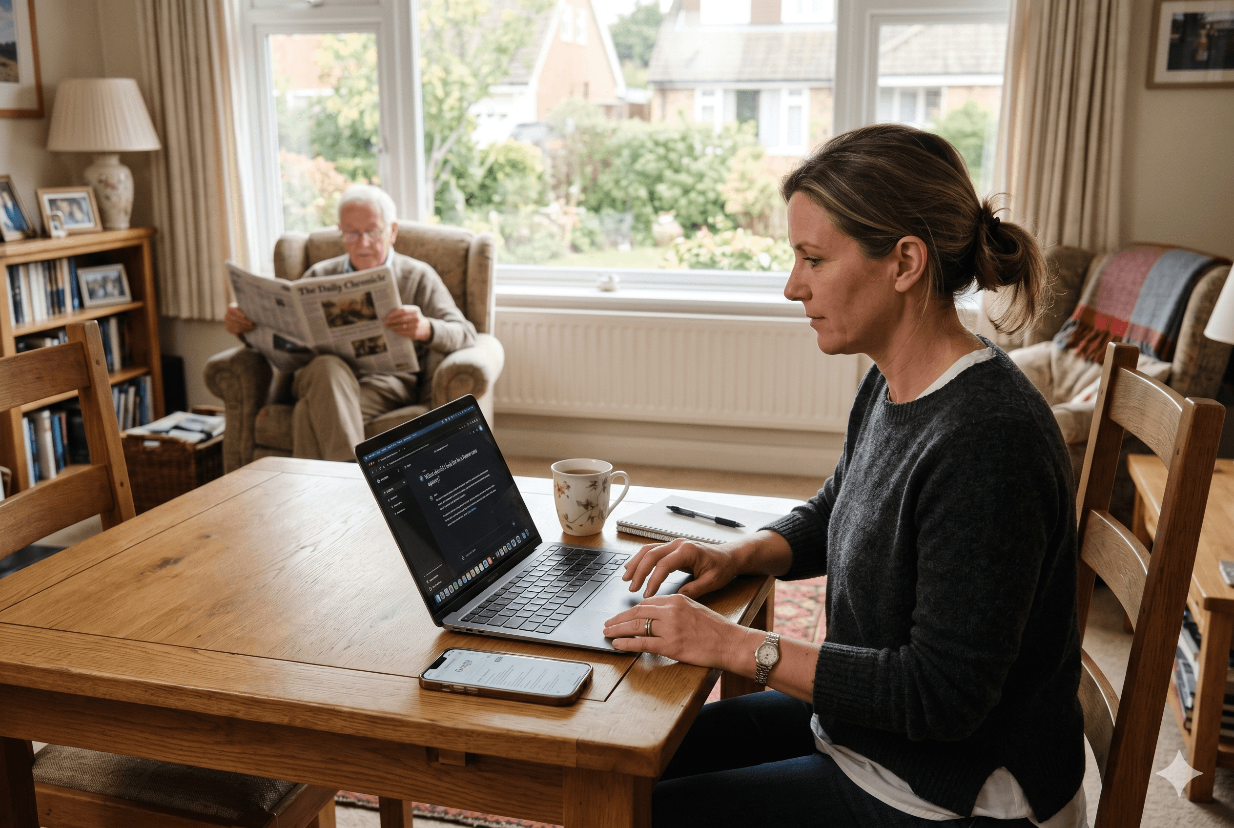 A woman in her 40s sits at a wooden table, typing on a laptop with an AI chat interface open, while a smartphone rests nearby. In the background, an elderly man sits in an armchair reading a newspaper in a bright, cozy living room.