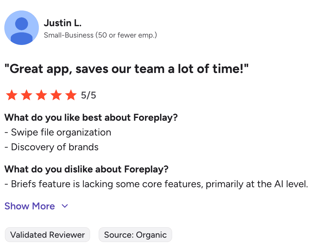 Foreplay review praising swipe file organization
