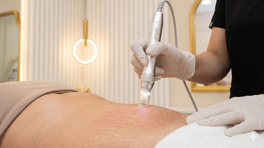 A medical laser or MNRF handpiece being used on a treatment area to stimulate collagen