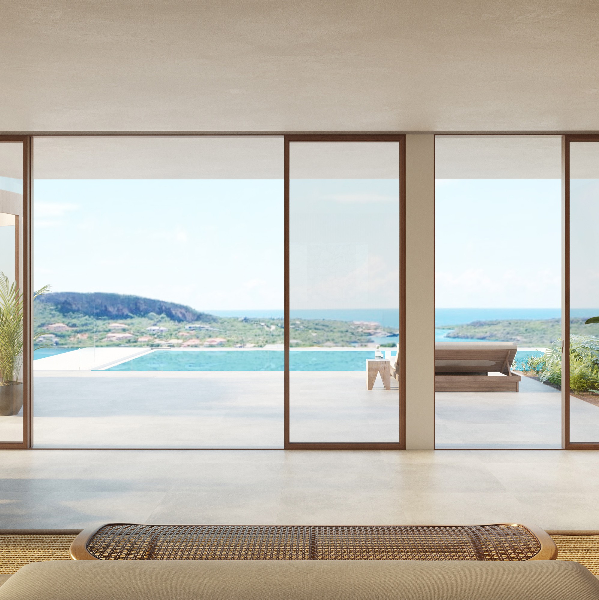 Rendered view from the interior top floor of the villa towards the Spaanse Water sea