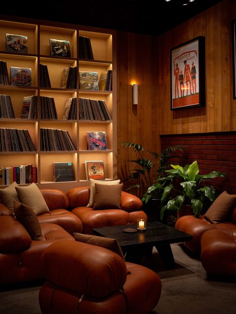 A record lounge in tan leather