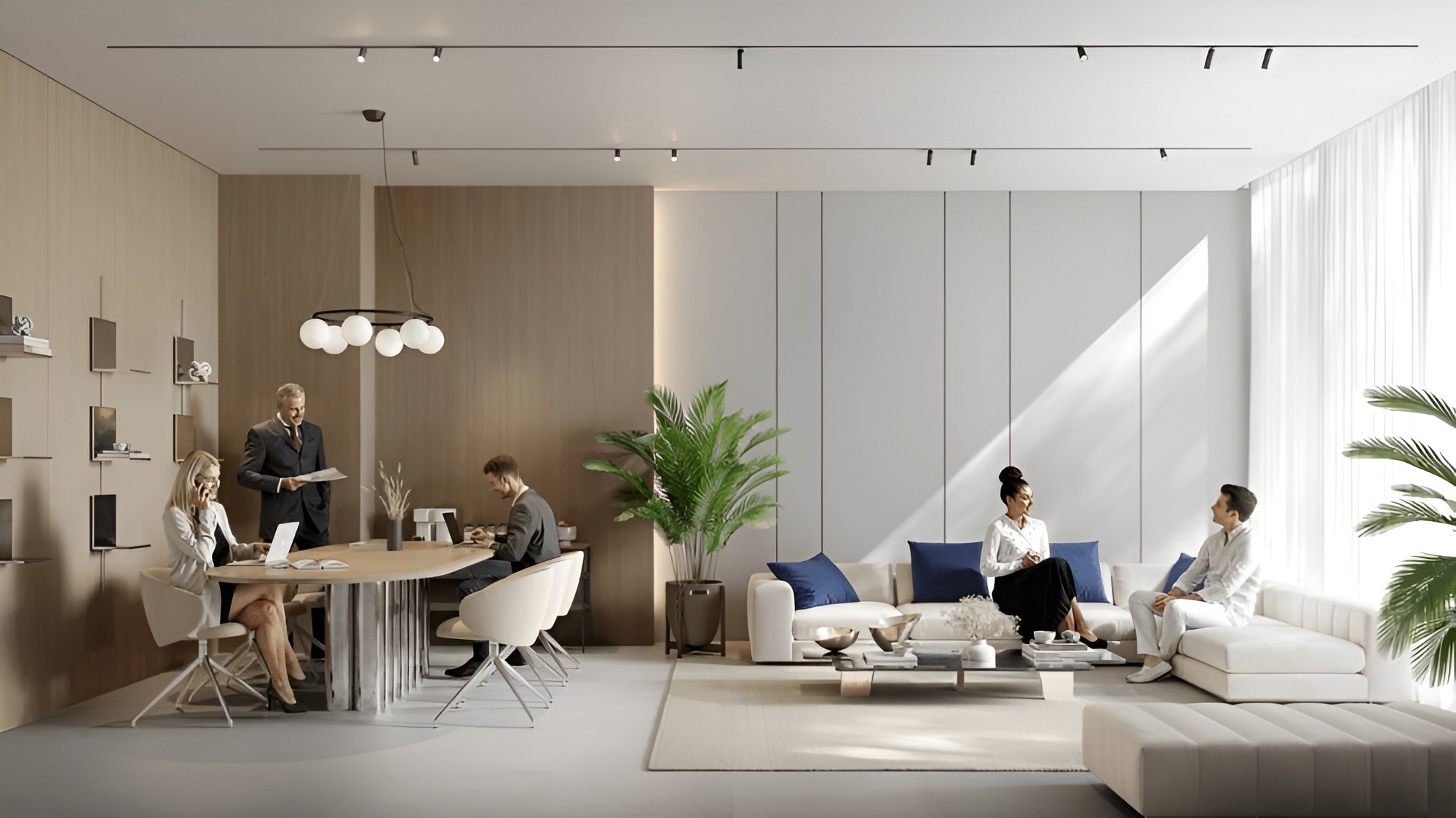 Individuals seated around a table in a stylish office, with Tetris Tower by Object1 prominently displayed.