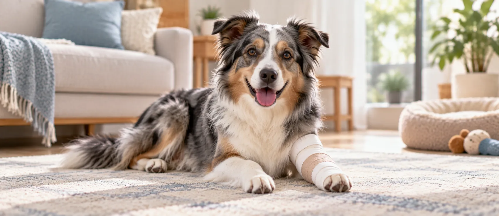 Australian shepherd lying on a rug with a bandaged front leg.