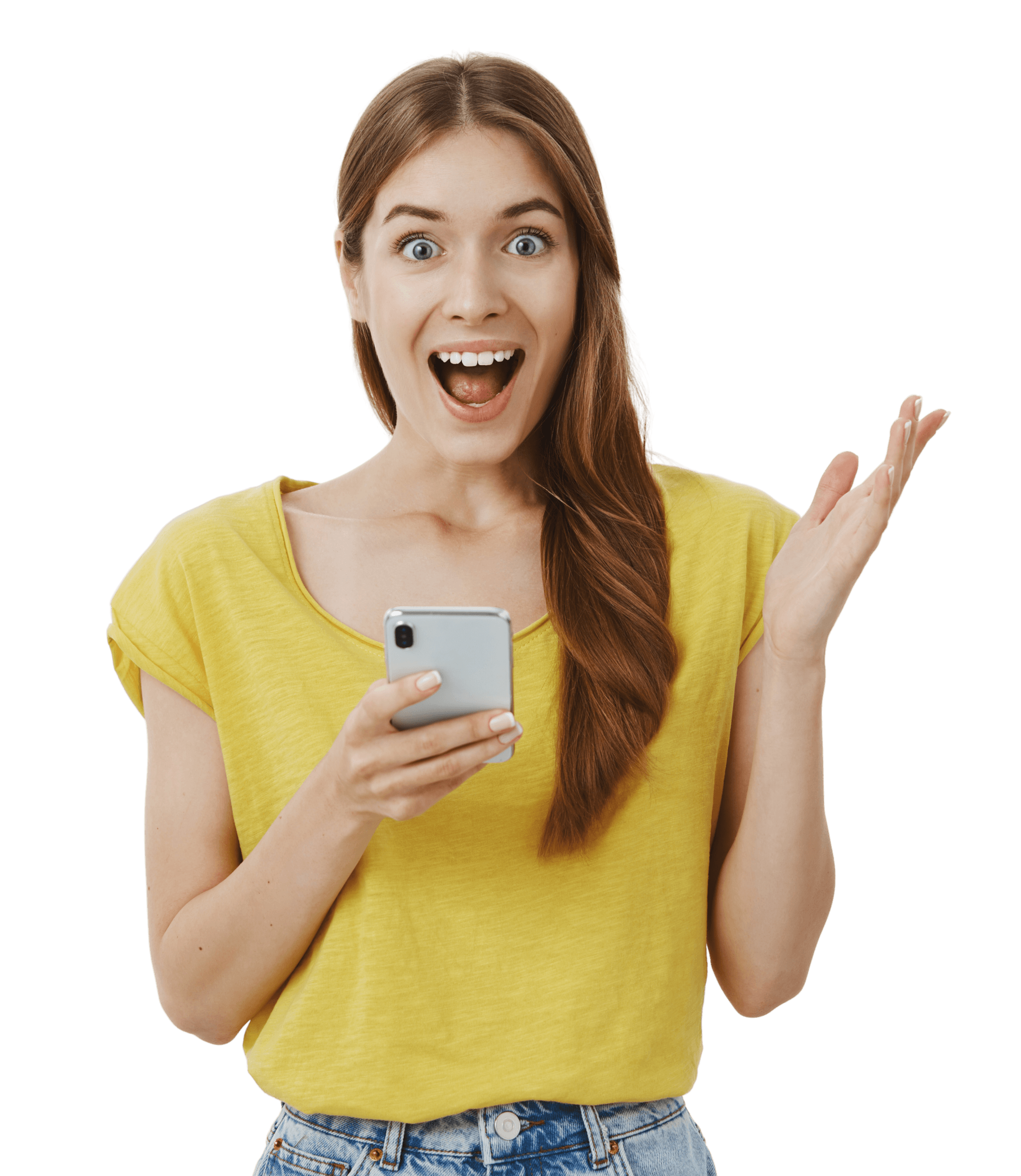 A girl is shocking while grab the phone in right hand