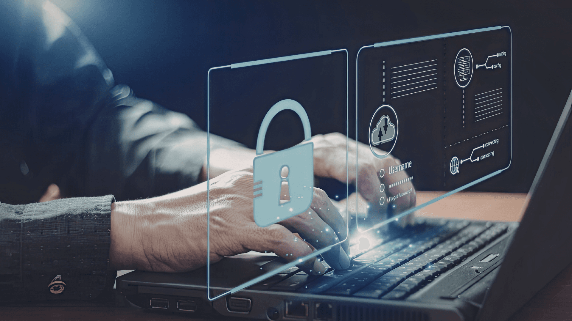 Attorney reviewing a secure, encrypted legal AI platform on a laptop, with security symbols floating above keyboard