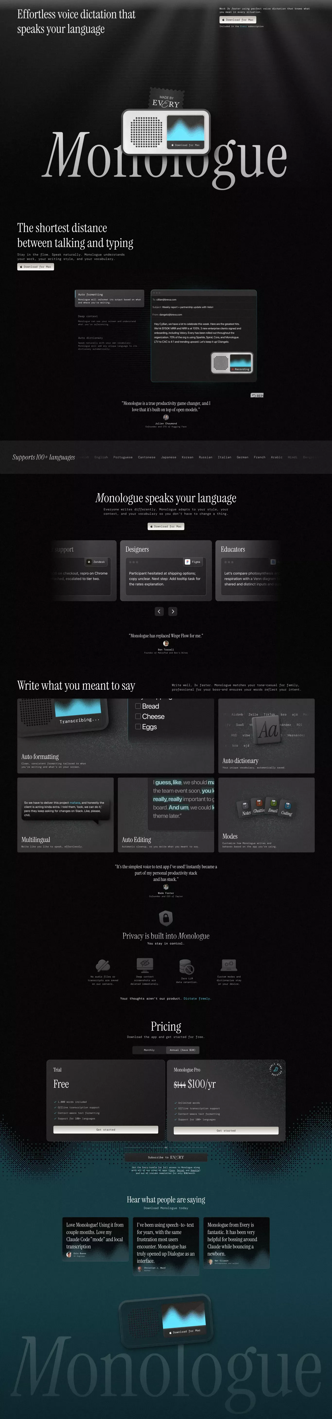 Monologue landing page screenshot showcasing Tech design