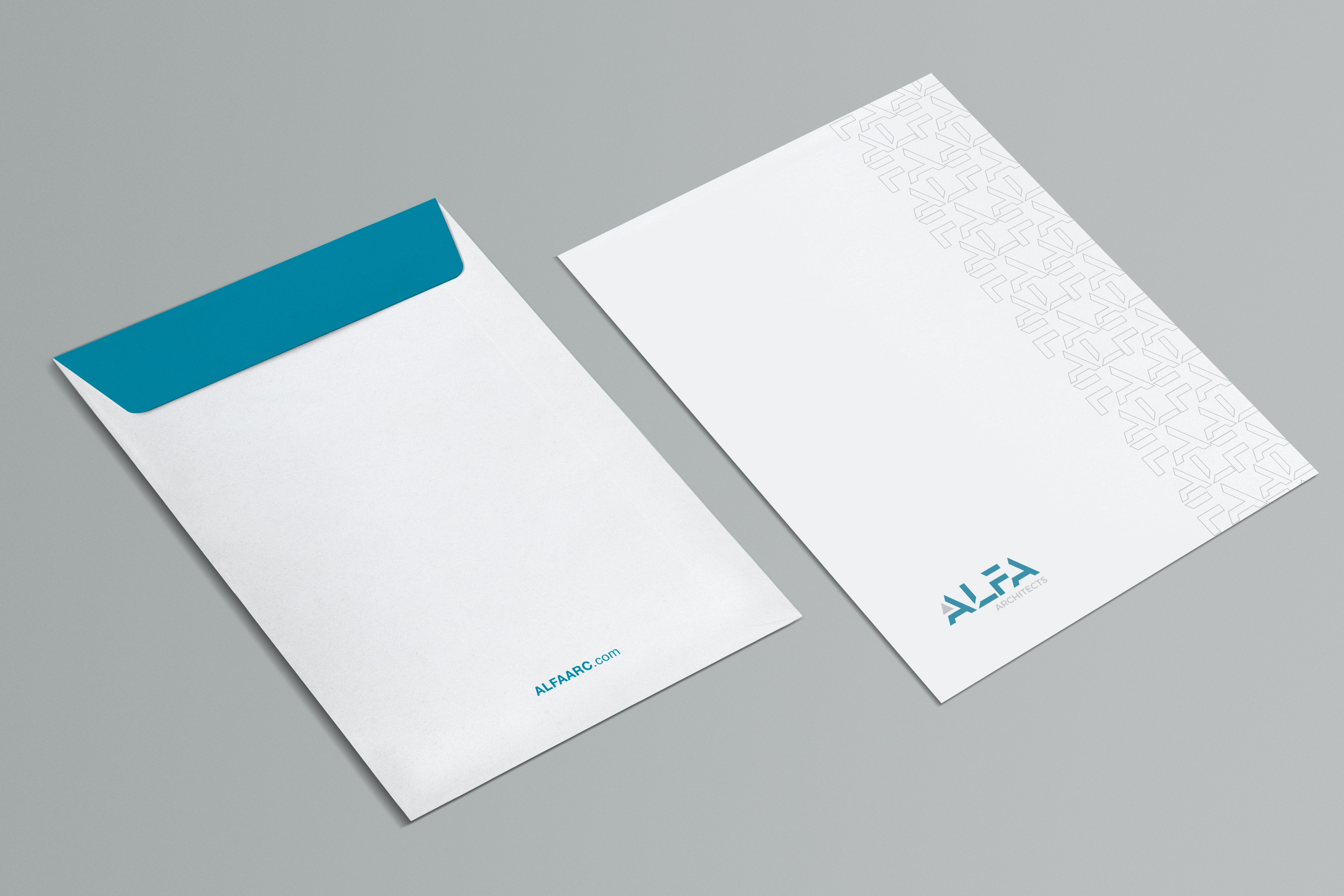 Business stationery design for Alfa including envelope, card, and letterhead