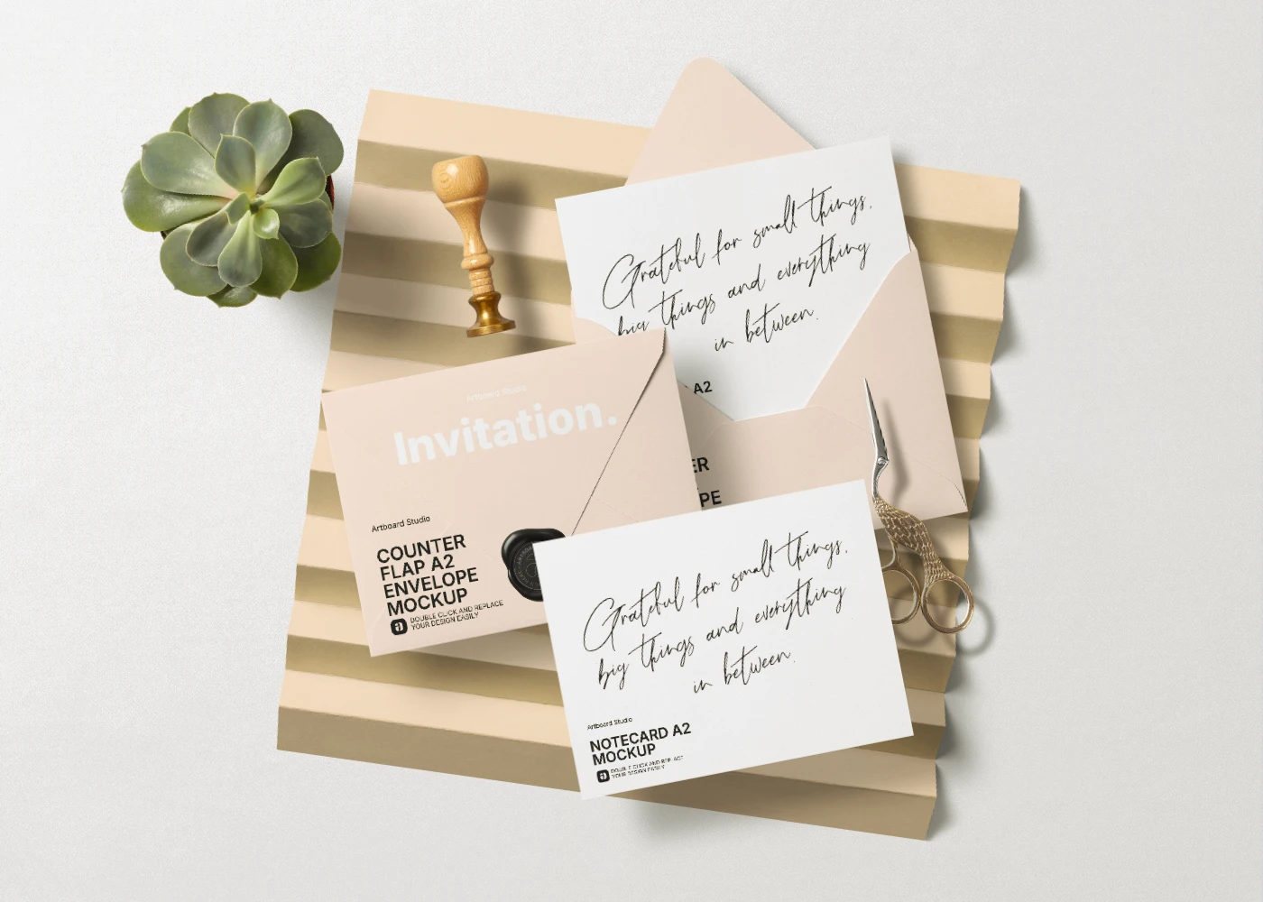 Envelope mockup with postcard and decorative props