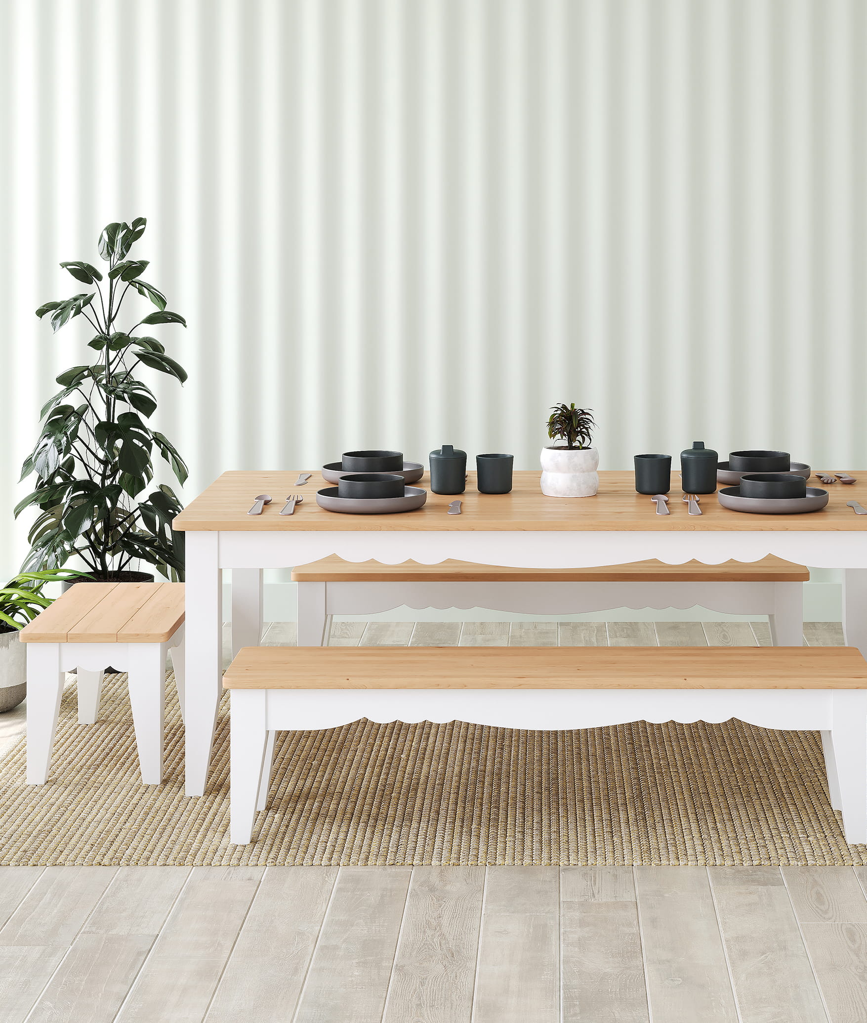 Country dining table set with bench and stools in a bright dining room, lifestyle 3D render