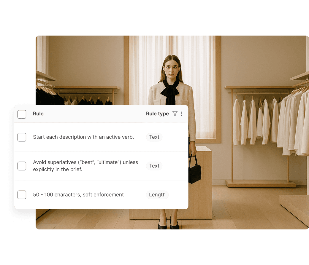 A stylish woman poses in a sophisticated beige blazer over a black dress, holding a black handbag, with an elegant clothing store background featuring wooden shelves and light-filled displays of white garments.