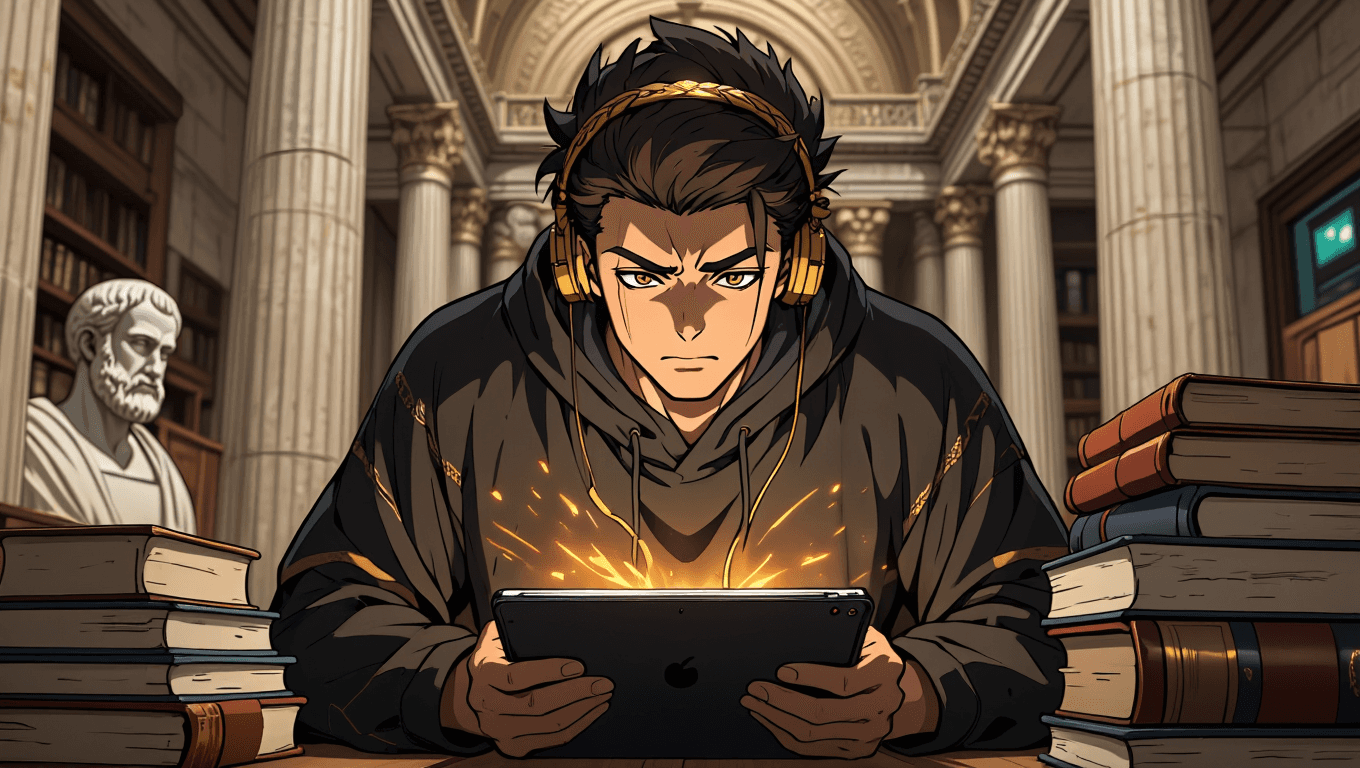 A student deeply focused while studying on a tablet, with books around