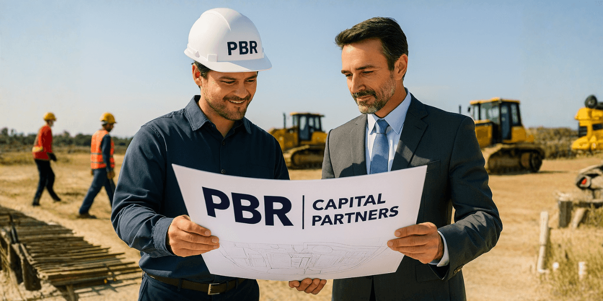 Two professionals review land development plans at a construction site, representing PBR Capital’s expertise in financing real estate projects.