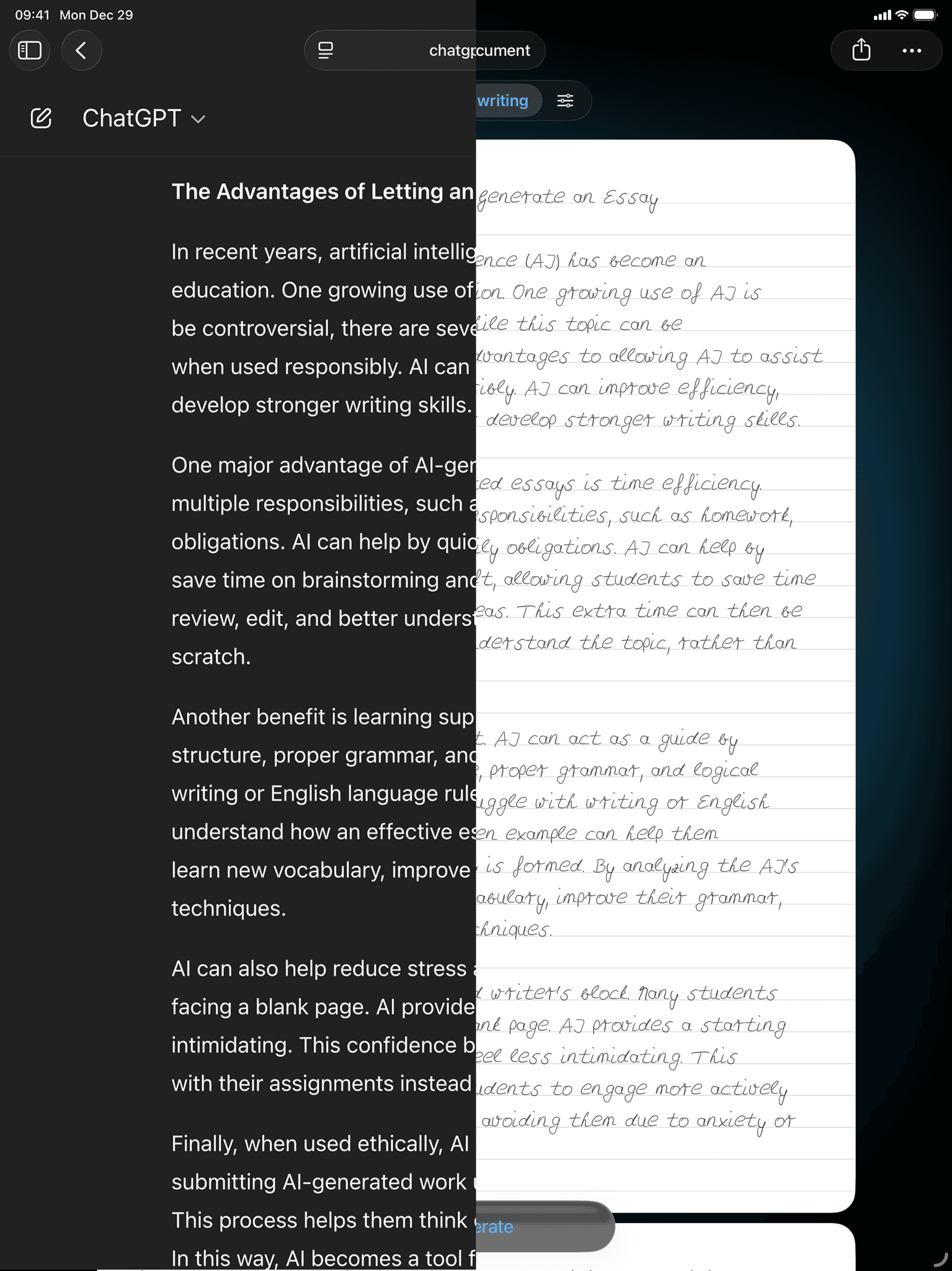 AI-generated ChatGPT text converted to handwritten notes in Conwrite