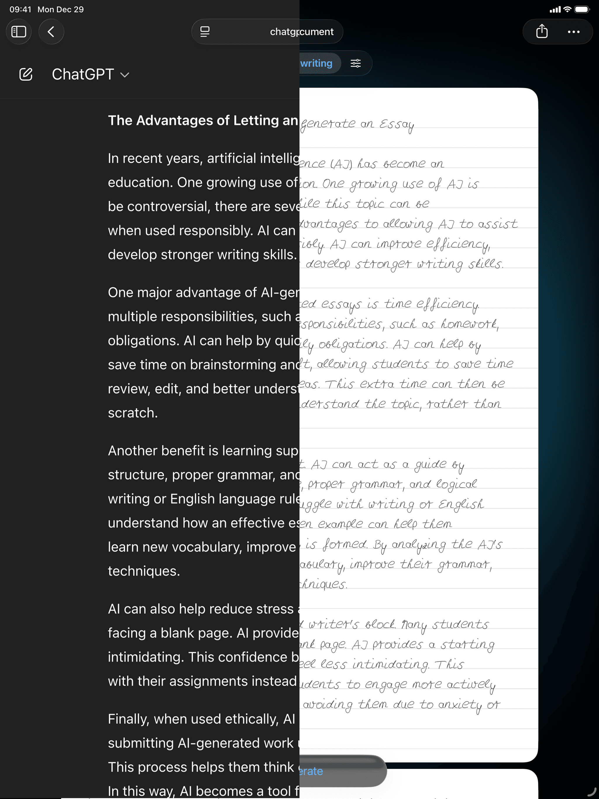 AI-generated ChatGPT text converted to handwritten notes in Conwrite