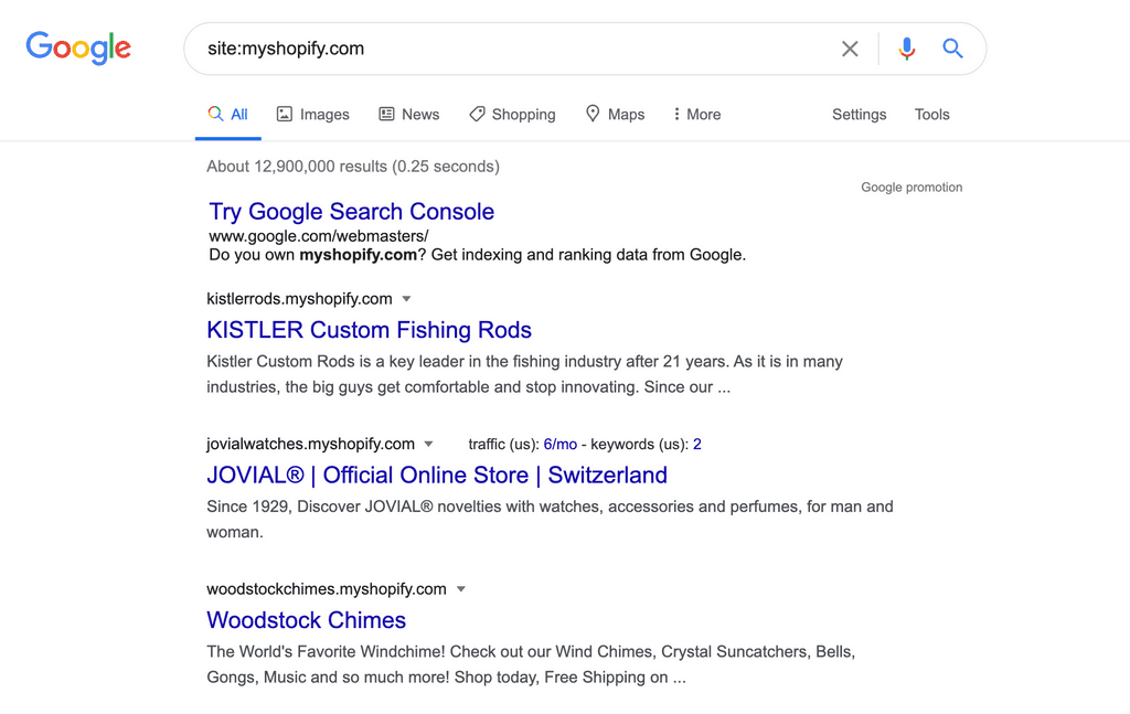 MyShopify site indexed list