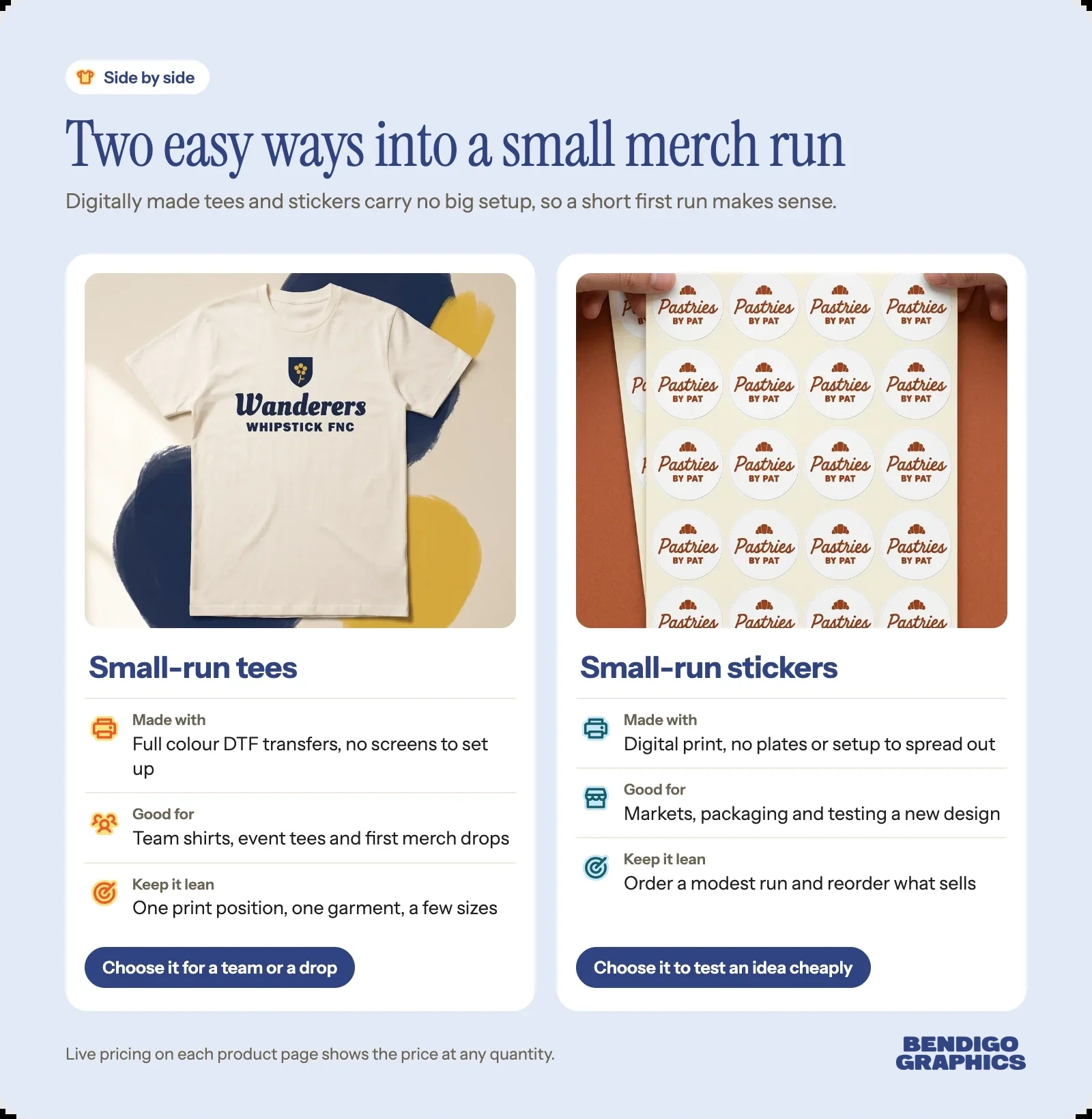 Side by side comparison of a small run of printed tees and a small run of sticker sheets, with how each is made and what it suits.