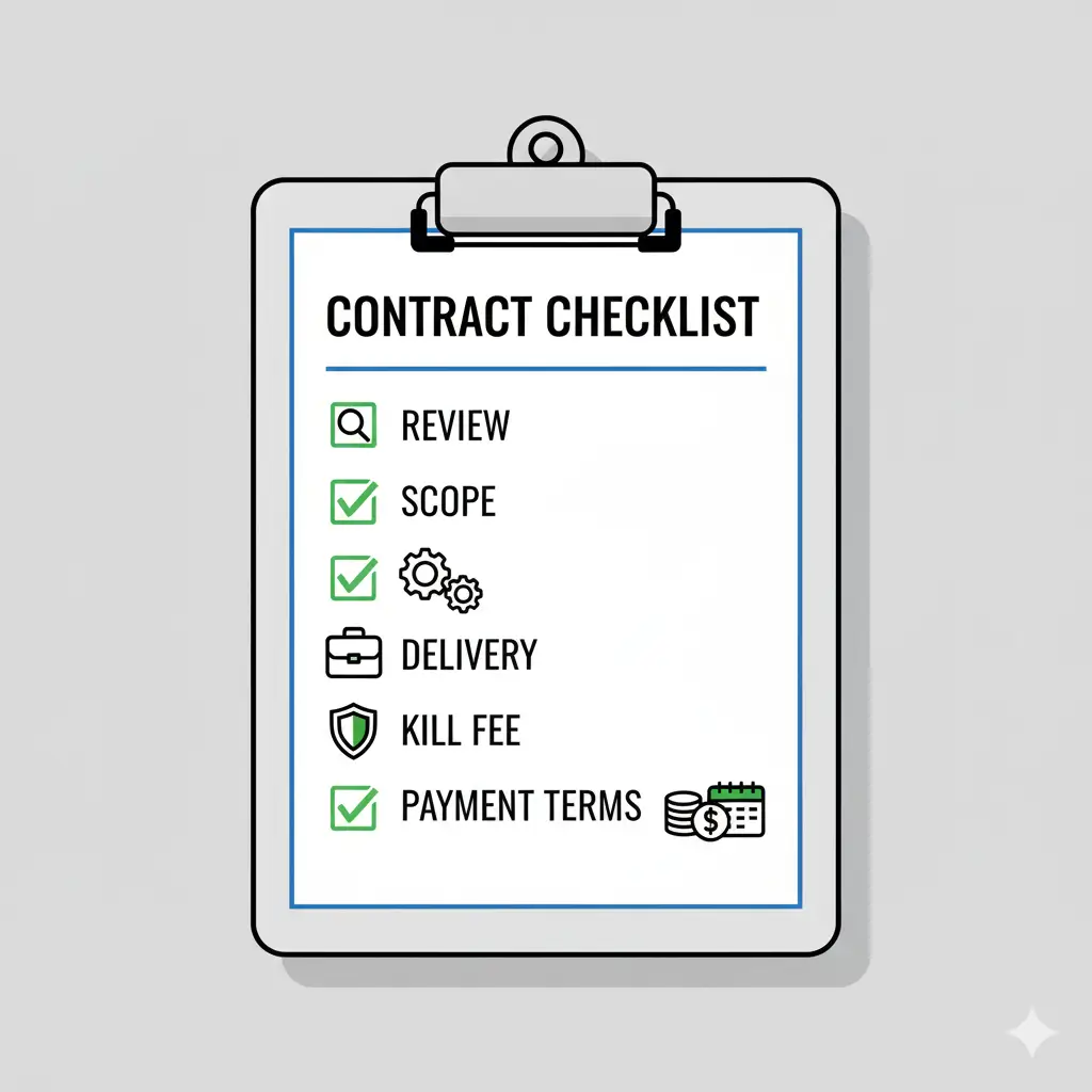 A graphic designed to look like a checklist on a clipboard. Each item has a checkmark icon next to it, with simple icons representing the concept (e.g., a magnifying glass for "review," a shield for "kill fee").