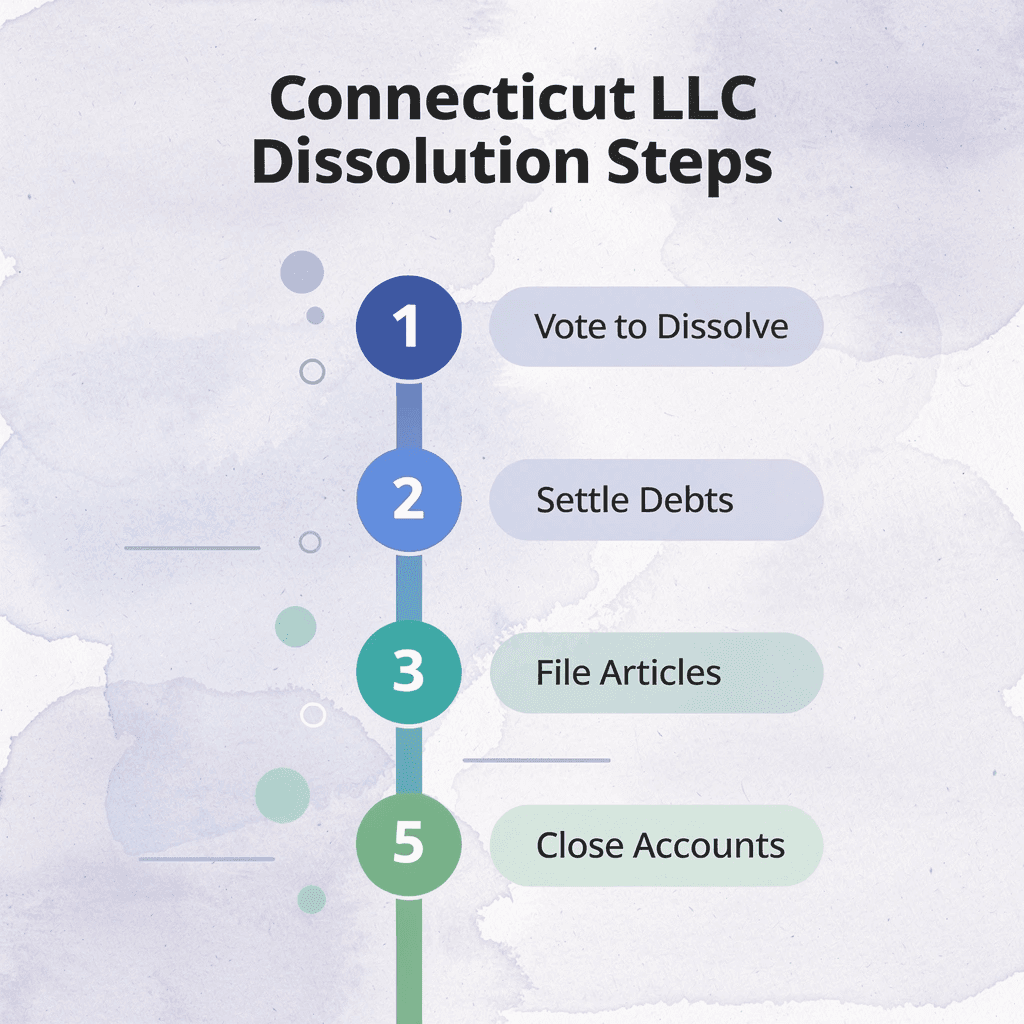 Numbered steps for dissolving a Connecticut LLC in the correct order