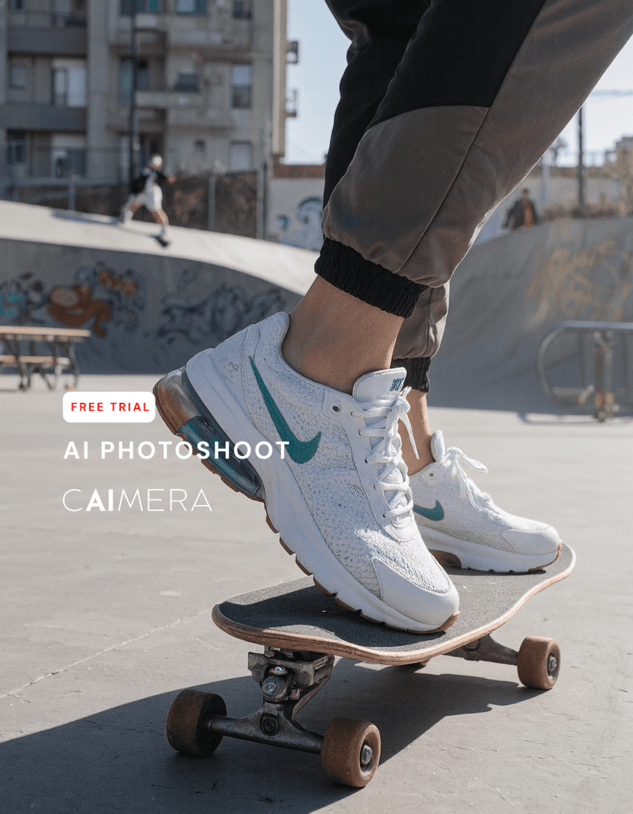Close-up of white and mint green Nike sneakers on a skateboard at an urban skatepark with graffiti walls and city buildings in background