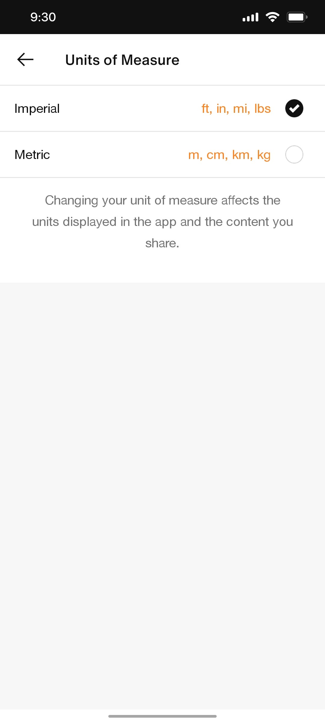 Nike App Units of Measure Screen