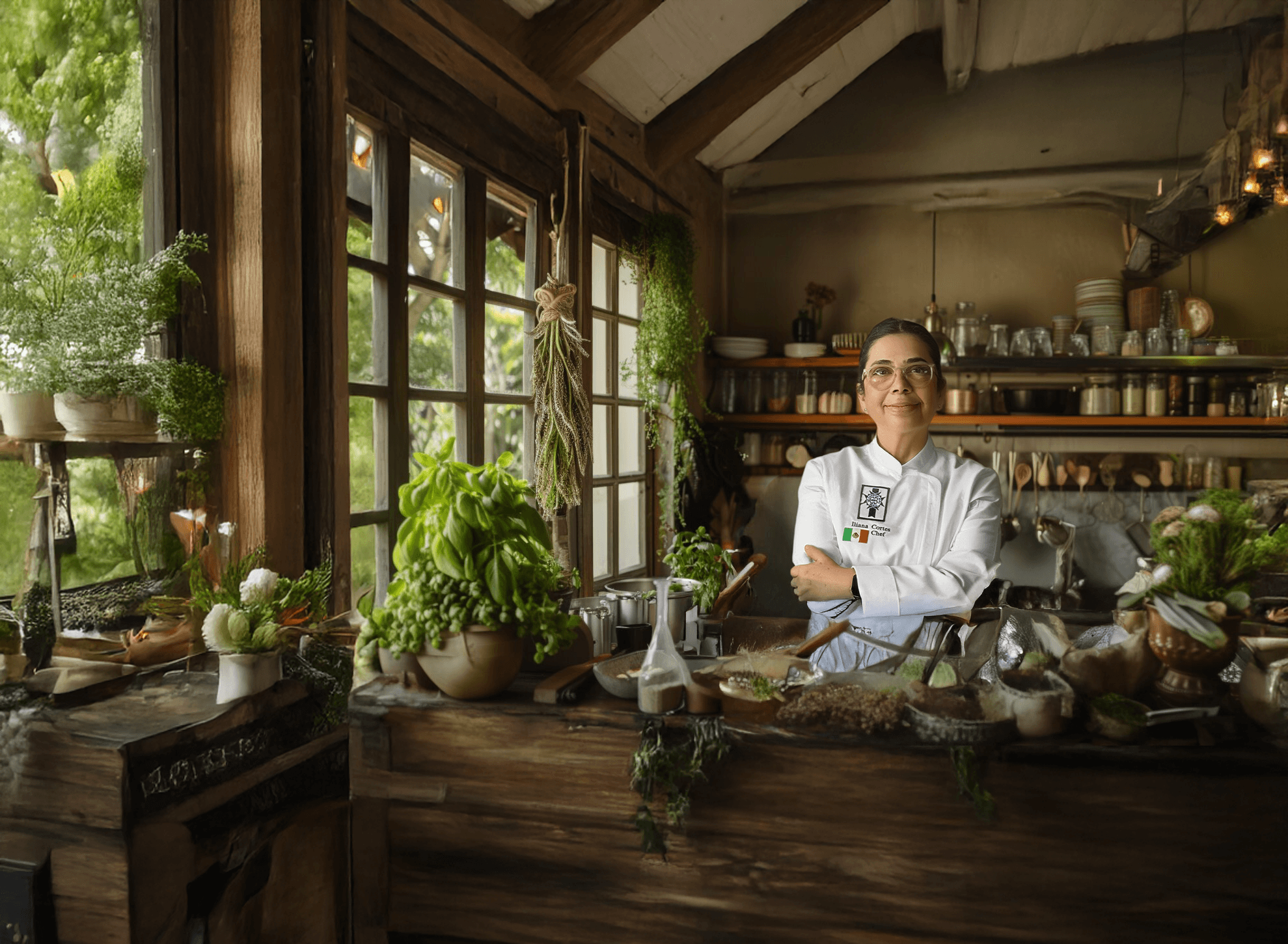Portrait of Chef Iliana Stone in a warm kitchen blending Mexican heritage and French elegance with natural light and copper details.