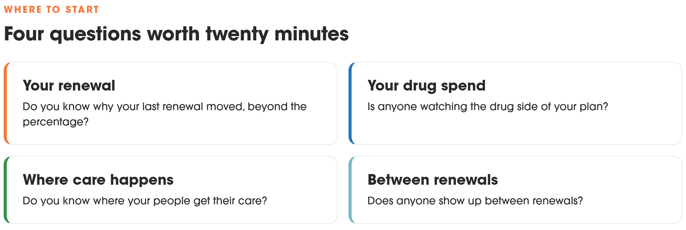 Four questions: why your last renewal moved, who is watching your drug spend, where your people get care, and whether anyone shows up between renewals