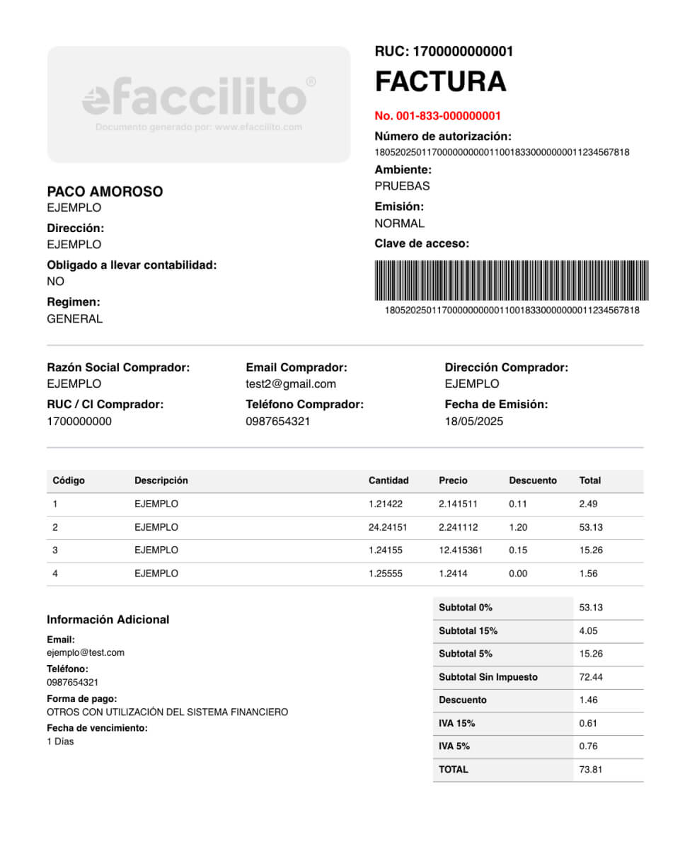 Ejemplo de factura electrónica SRI generada con sistema fácil y económico de efaccilito